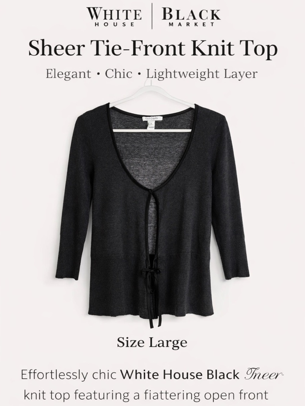 White House Black Market Sheer Black Tie Front Cardigan Top Size L